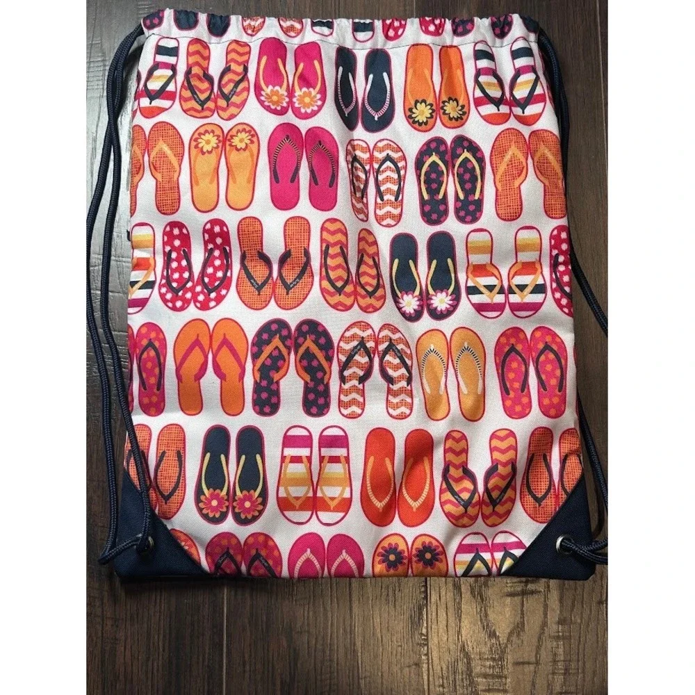 Thirty One Flip Flops Drawstring Backpack‎ Front Zipper Thermal Beach Pool Bag